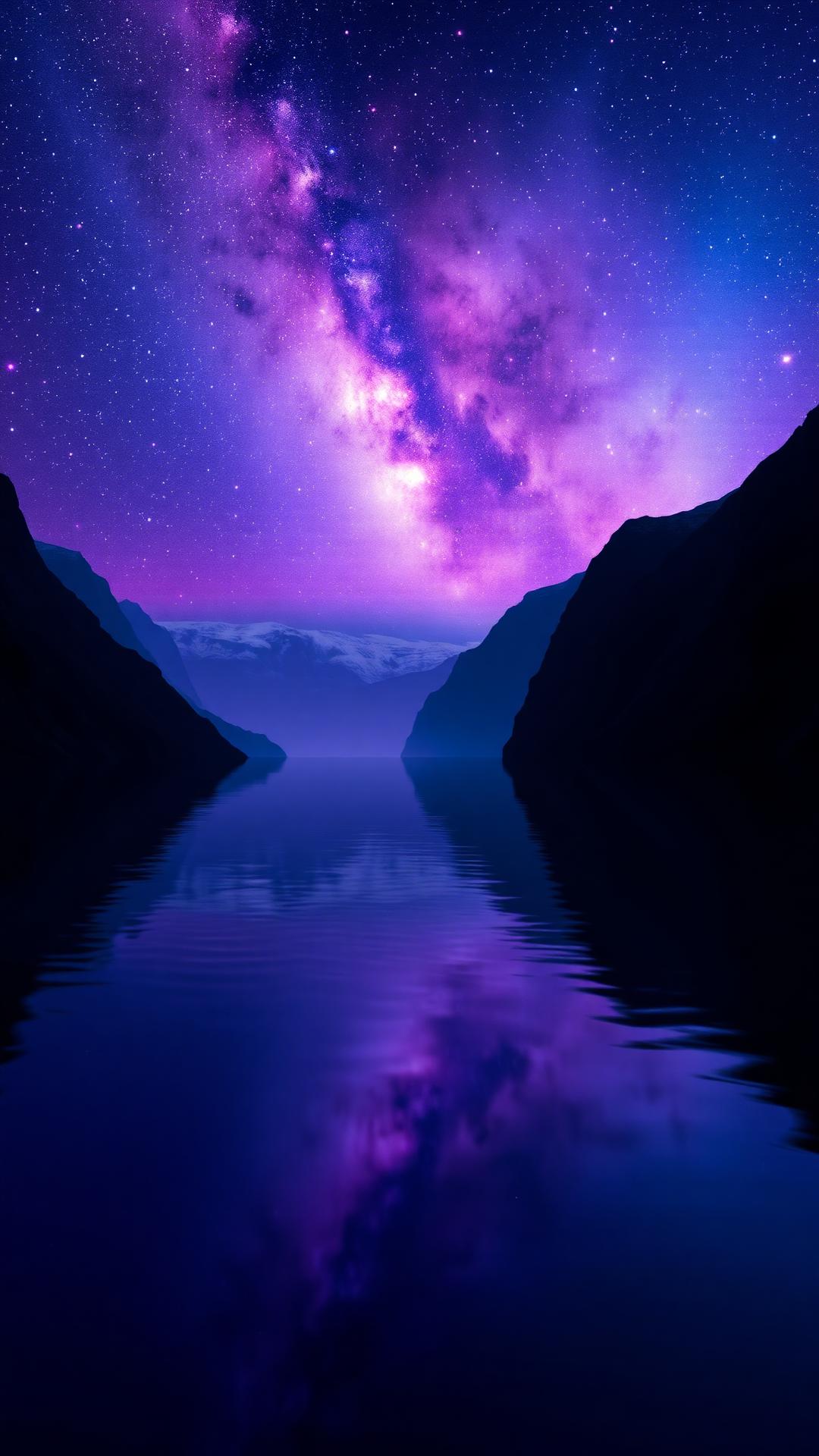 A Norwegian fjord at night beneath a vibrant purple and blue nebula sky